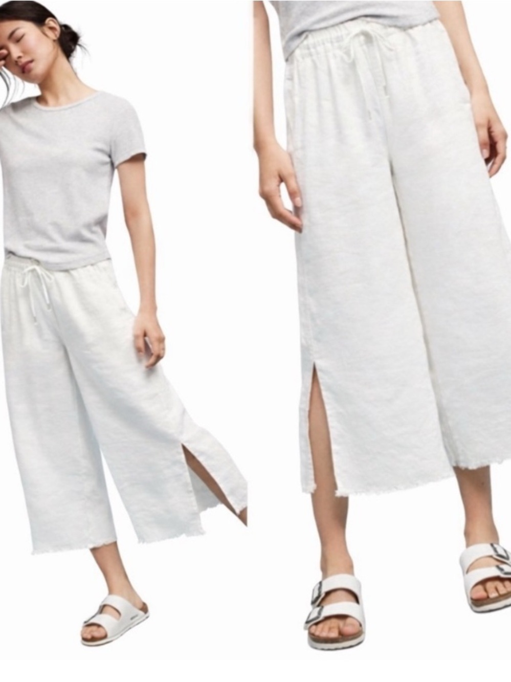 Cropped Wide-Leg Drawstring Pants in White